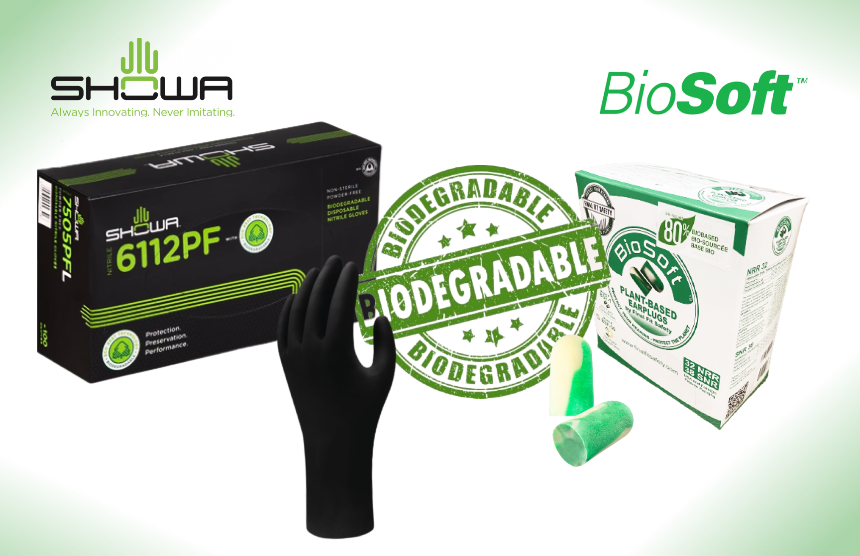 Biodegradable earplugs and reusable eco-friendly gloves made from natural materials, ideal for safe and sustainable personal protection.