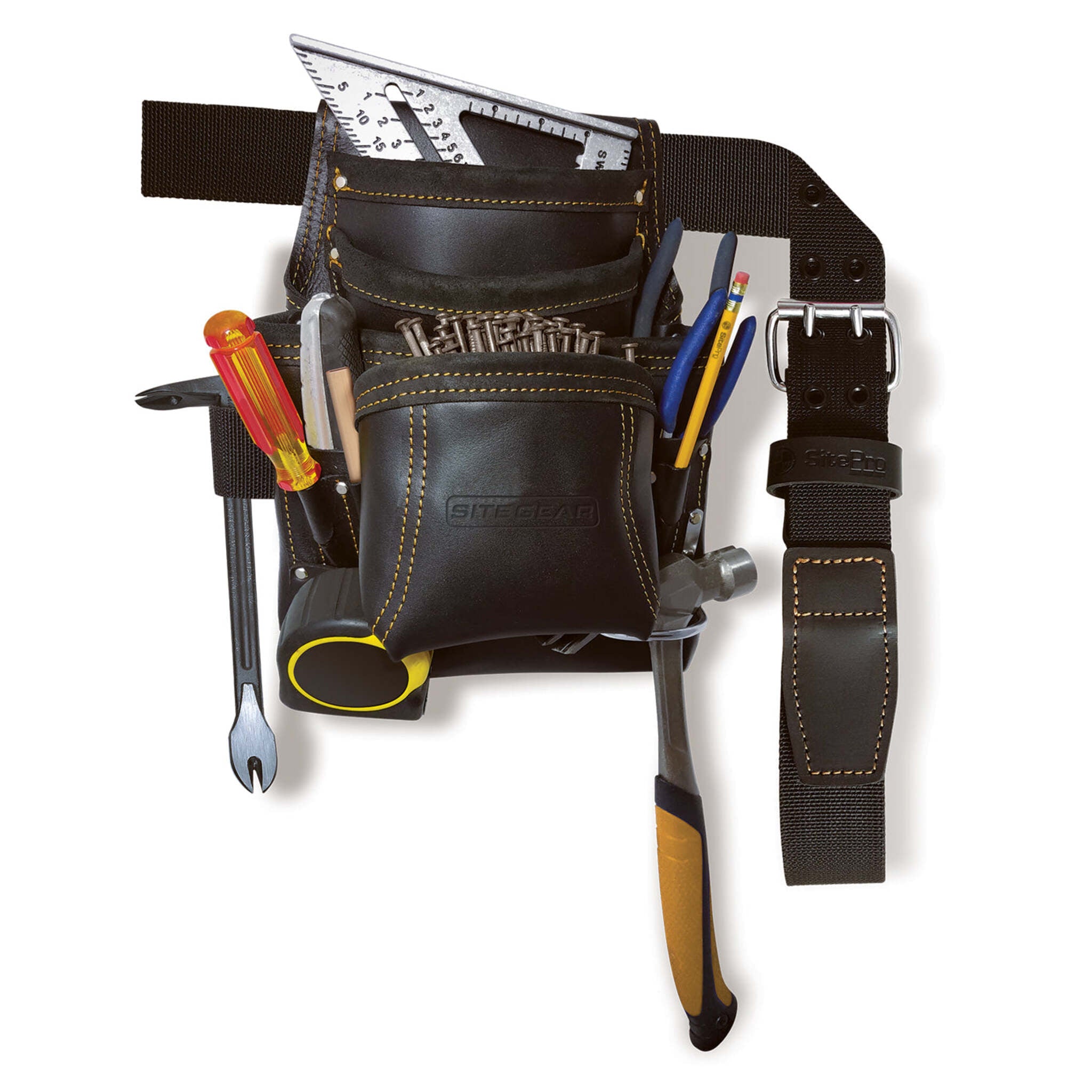 SITEGEAR 10-Pocket Carpenter’s Top Grain Leather Nail and Tool Bag with Belt - Durable, Adjustable, Easy Carry, Hammer Holder, Tape Measure Clip