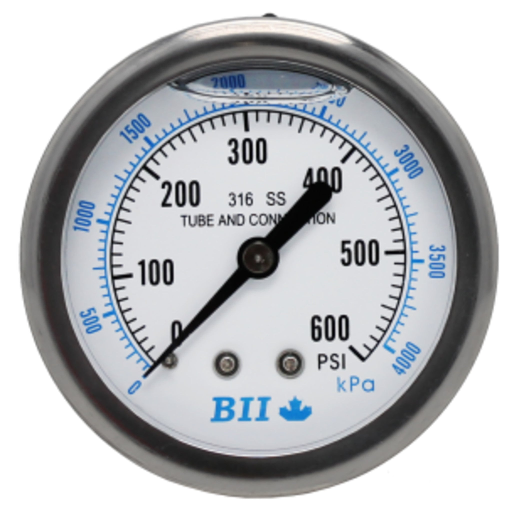 2-1/2" Liquid Filled Pressure Gauge, 1/4" Brass Center Back Mount, 304 Stainless Steel, NSF/ANSI 372 Compliant, Ideal for Corrosive Environments
