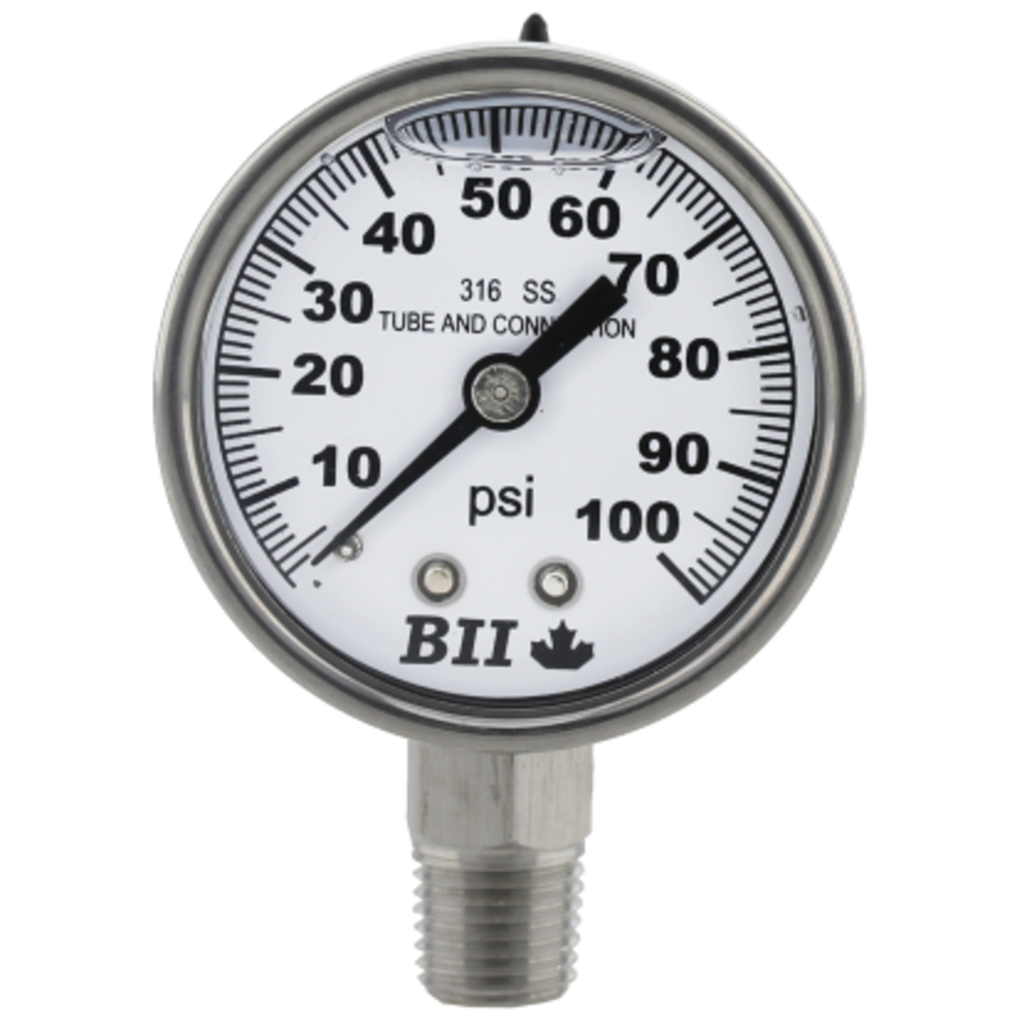 2" Dial 100 PSI Pressure Gauge with Stainless Steel Case, 1/4" SS Lower Stem Mount, Glycerine-Filled for Accuracy, NSF/ANSI 372 Compliant