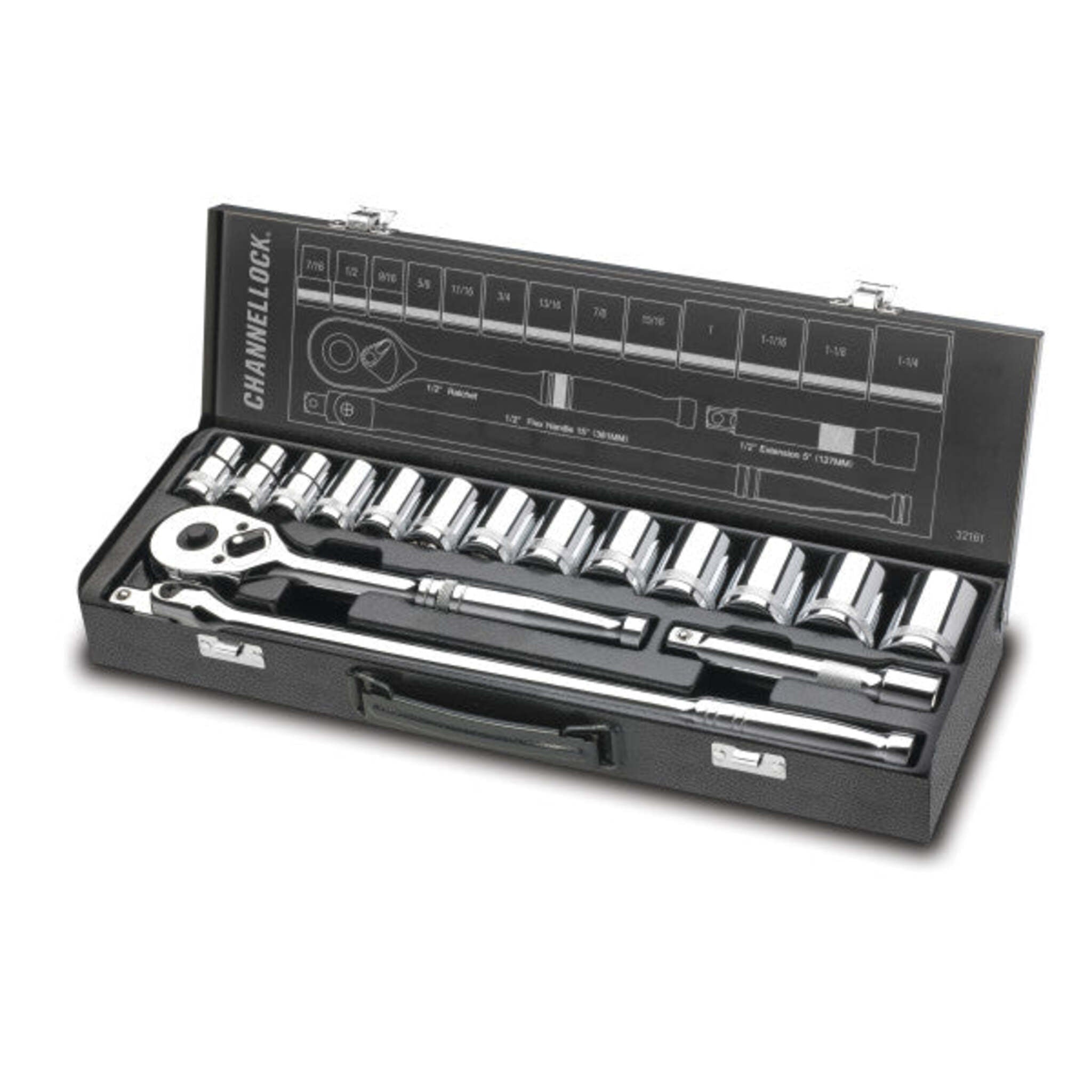 ChannelLock 32161 1/2" SAE Drive Socket Set with DYNA DRIVE® Torque System - 45 Gear Teeth Ratchet, Chrome Vanadium Sockets & Steel Case | 16 pcs