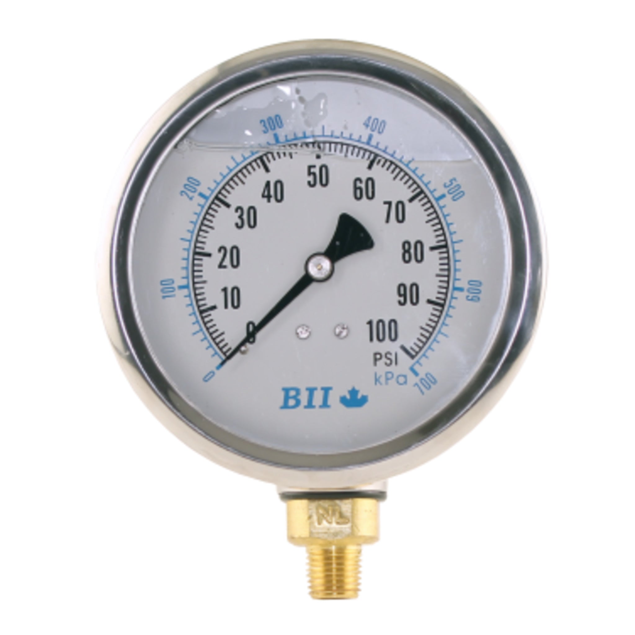 4" NSF Rated Liquid Filled Pressure Gauges, 1/4" Brass Lower Mount, 304 Stainless Case, Dual Scale PSI/kPa, -4°F to 140°F, Precision Accuracy ±1.5%