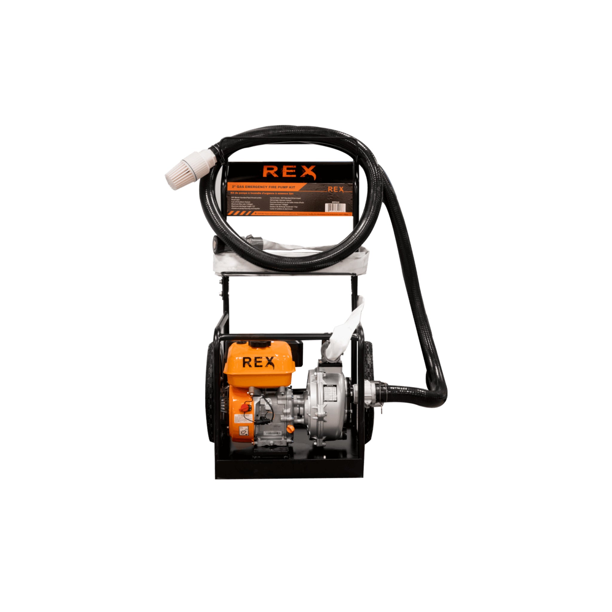 REX 2" Portable Gas Engine Emergency Fire Pump Kit with Wheels, 7920 GPH, Suction/Discharge Hoses, Adjustable Nozzle, Recoil Start Cleanflow