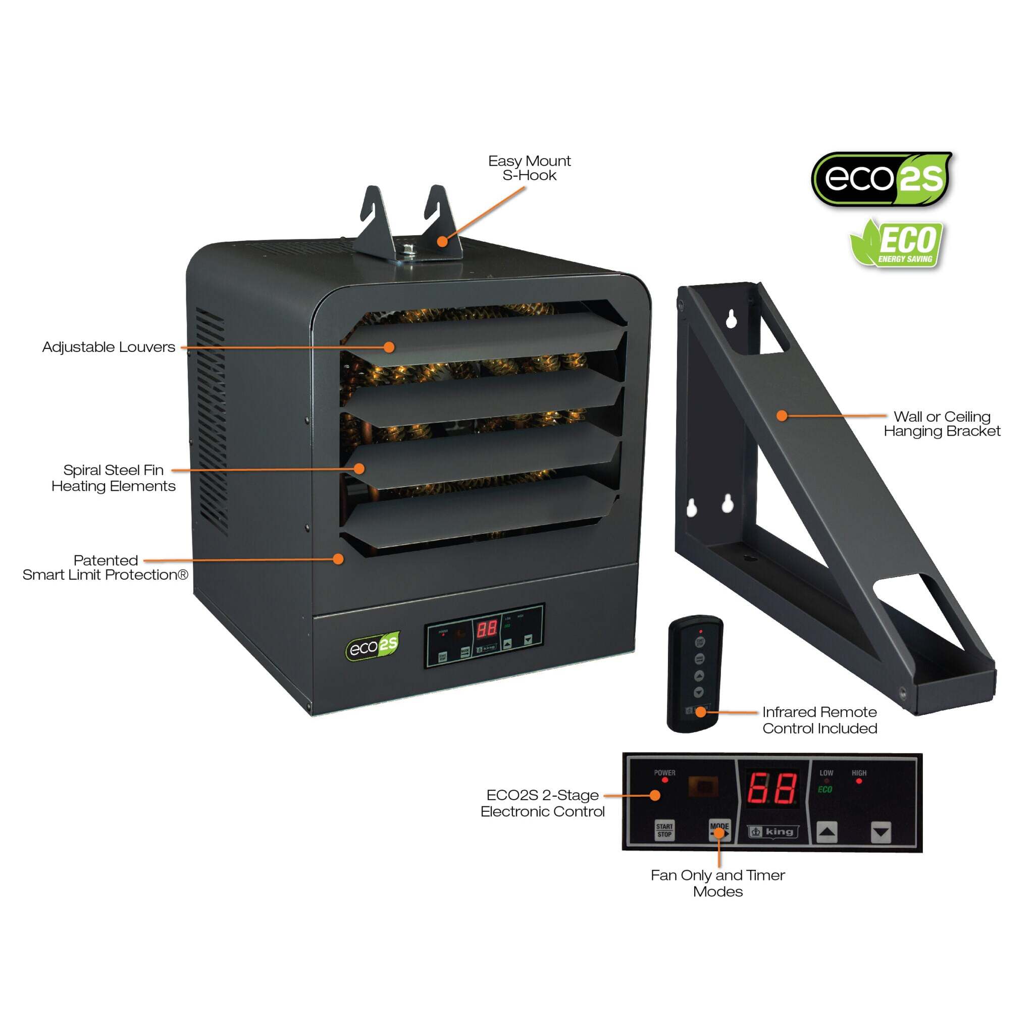 King KB ECO2S Two-Stage Electric Unit Heater | Smart ECO Mode | 5kW–15kW | Remote Control | Energy-Efficient Commercial & Garage Space Heating