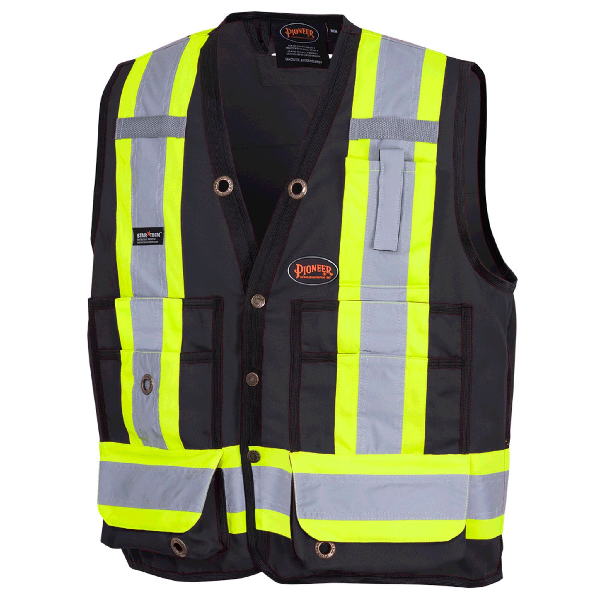 Pioneer Men's Hi Vis Safety Surveyor Vest | 150D Woven Twill Poly | CSA/ANSI Certified, StarTech Reflective, Multi-Pocket, Brass Closure (Models 6693, 6692, 6683, 6692N & 6692BK) | Sizes S–4XL - Items