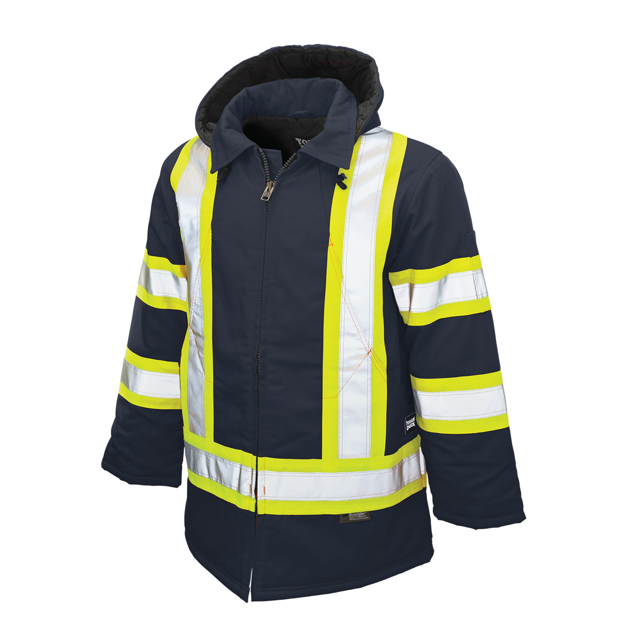 Tough Duck Men s Hi Vis Winter Safety Parka S157 CSA Cotton Duck Reflective 3M Scotchlite Insulated ANSI Certified Quick Release Hood Sizes