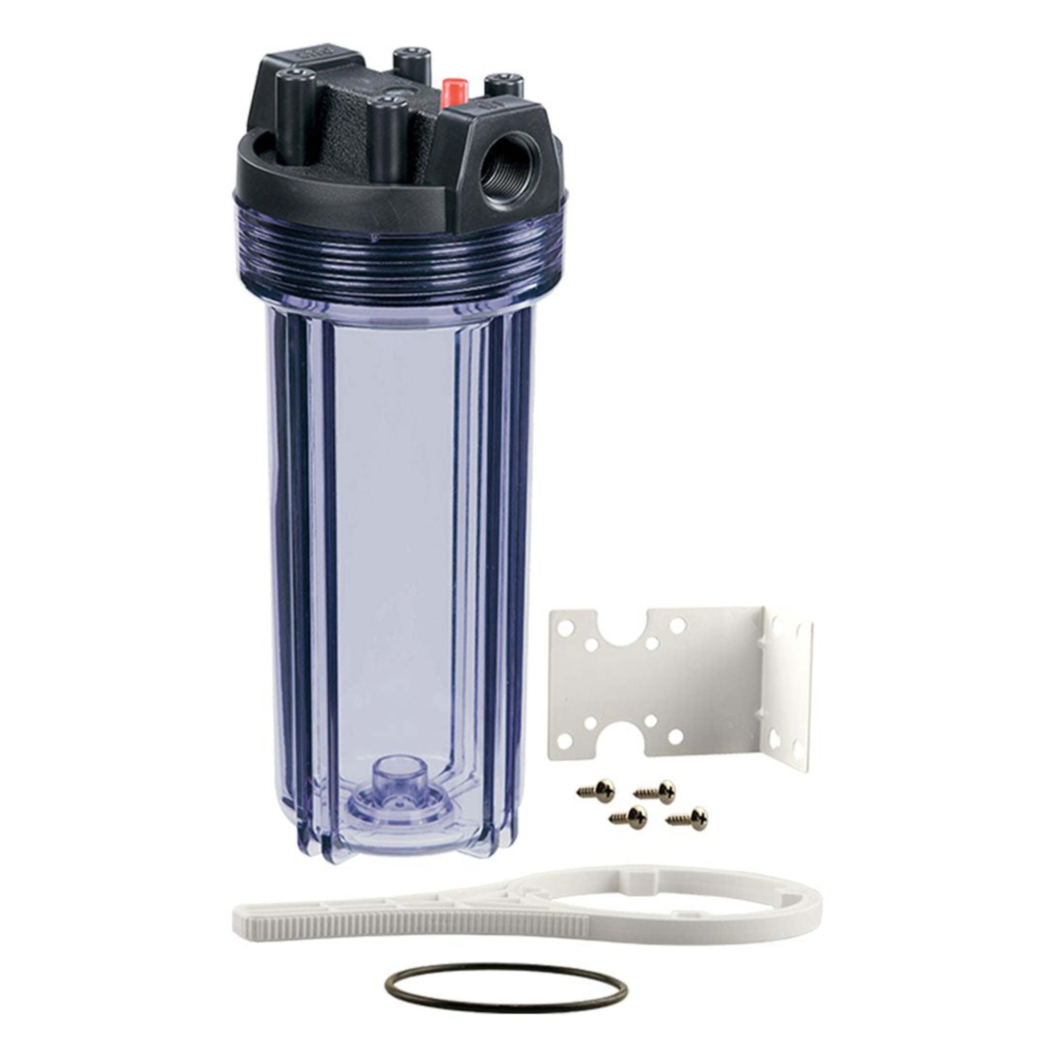 Single 2.5" OD Clear Water Filter Housing, 10" Length - Clear Sump for Easy Filter Monitoring, Relief Button, Mounting Bracket | ANSI/ASME Certified