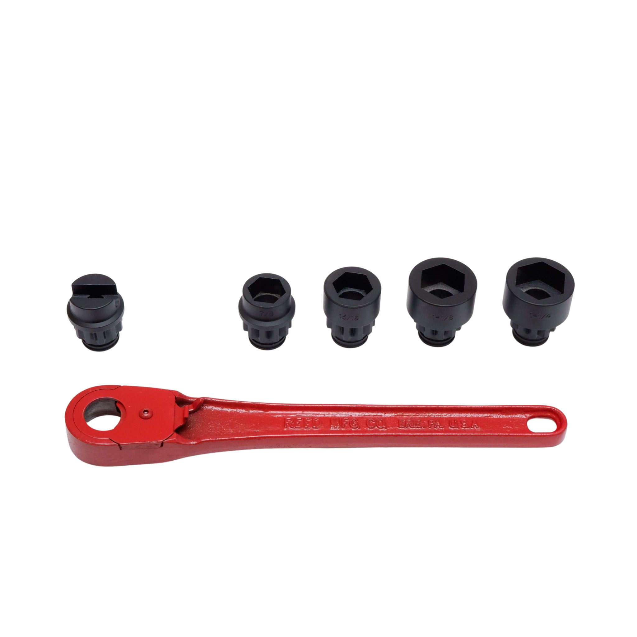 Reed L511 Thru-Bolt Standard Utility Socket Set | 4 Sockets: 7/8", 15/16", 1-1/8", 1-1/4" | Durable Ratchet Handle for Waterworks, Saddles + Flanges