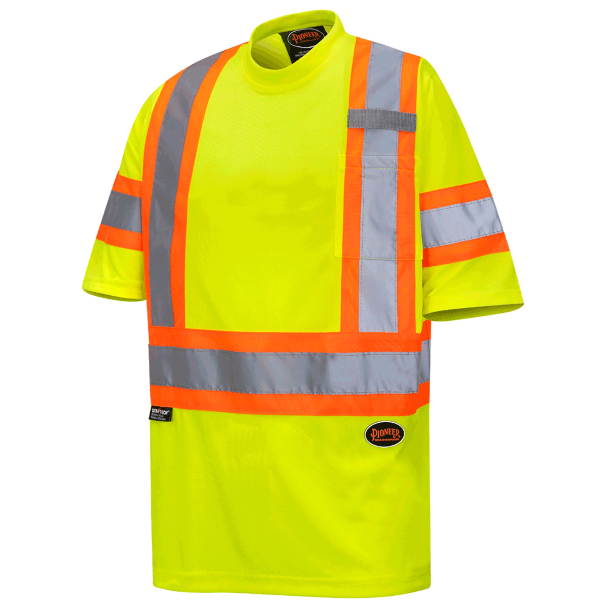 Pioneer Men's Hi Vis Safety T-Shirt Birdseye CSA Moisture-Wicking Poly,  Reflective StarTech® Tape on Sleeves, Pocket for your Essentials Sizes