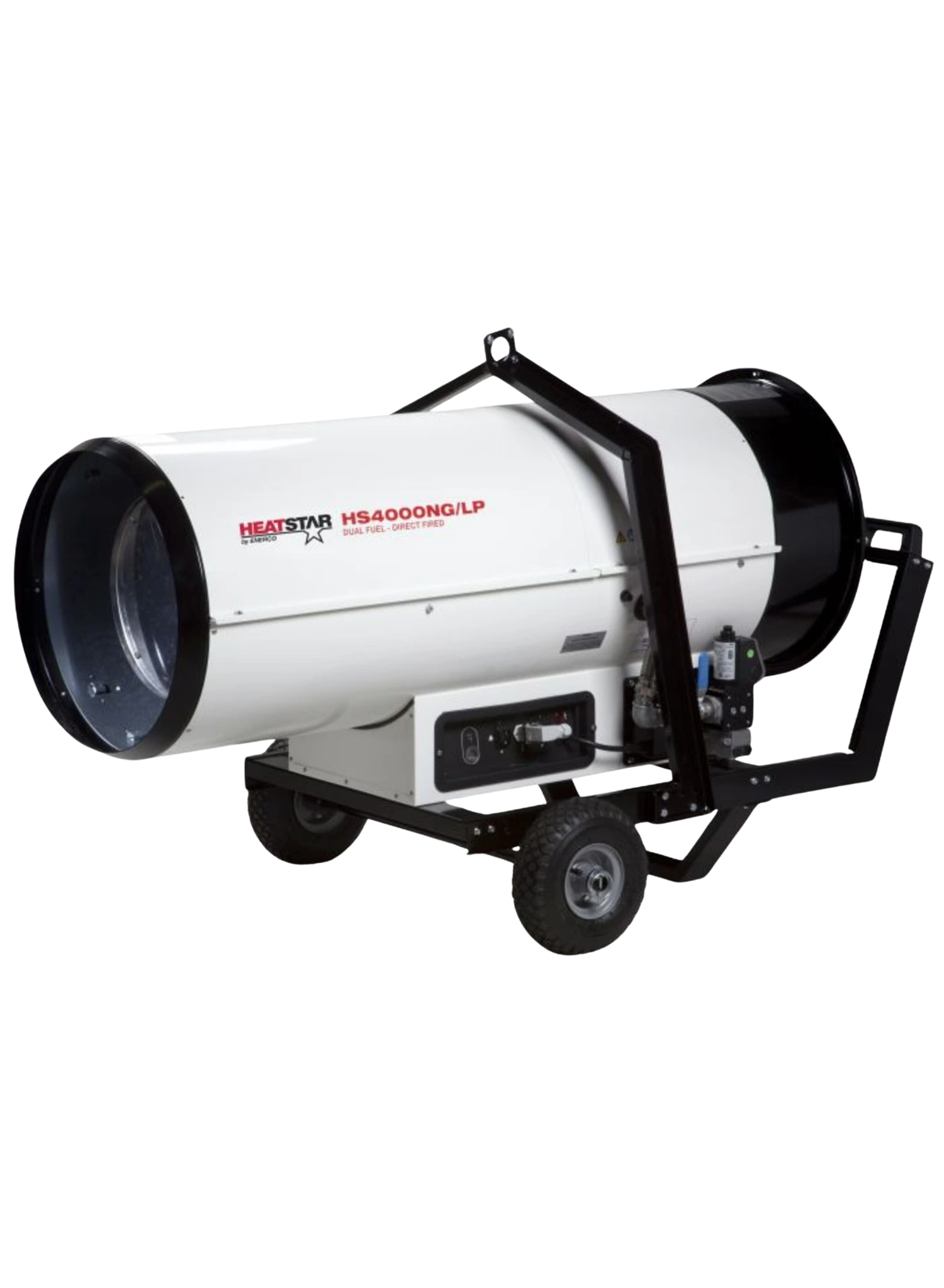 Heatstar HS4000NG/LP Industrial Heater | Dual Fuel Direct Fired, 400,000 BTU, Powerful Fan, Pneumatic Wheels, and External Thermostat Connectivity
