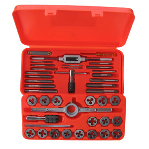 41-Piece SAE Tap and Die Set – 1" Round Dies, NC/NF/NPT Threads, Rockwell 58–61, Tungsten Steel, Includes Tools & Molded Carry Case, 1/8"–1/2"