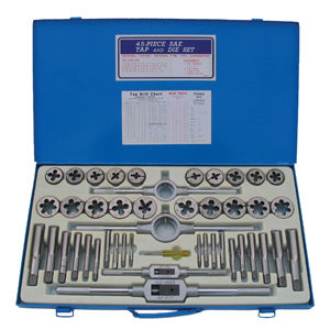 45-Piece SAE Tap and Die Set – 1-1/2" & 2" Round Dies, NC/NF Threads, Rockwell 58–61, Tungsten Steel, Includes Tools & Metal Case, 1/4" to 1" Sizes