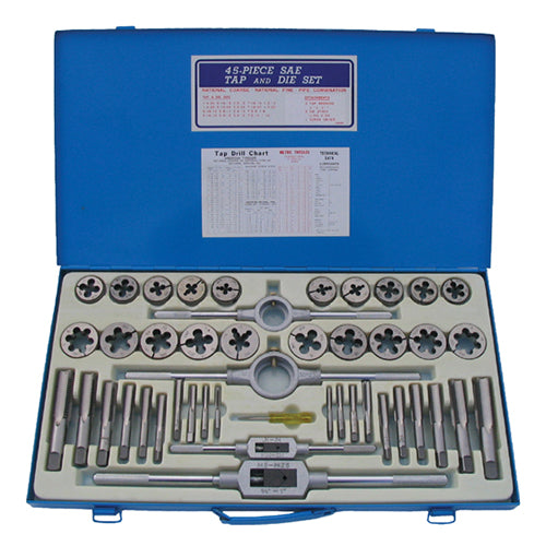 Tap and Die Set 45-Piece Metric – 1-1/2" & 2" Round Dies, M6 to M24 Sizes, Coarse & Fine Thread Pitch, Rockwell 58–61, Tools & Metal Case Included