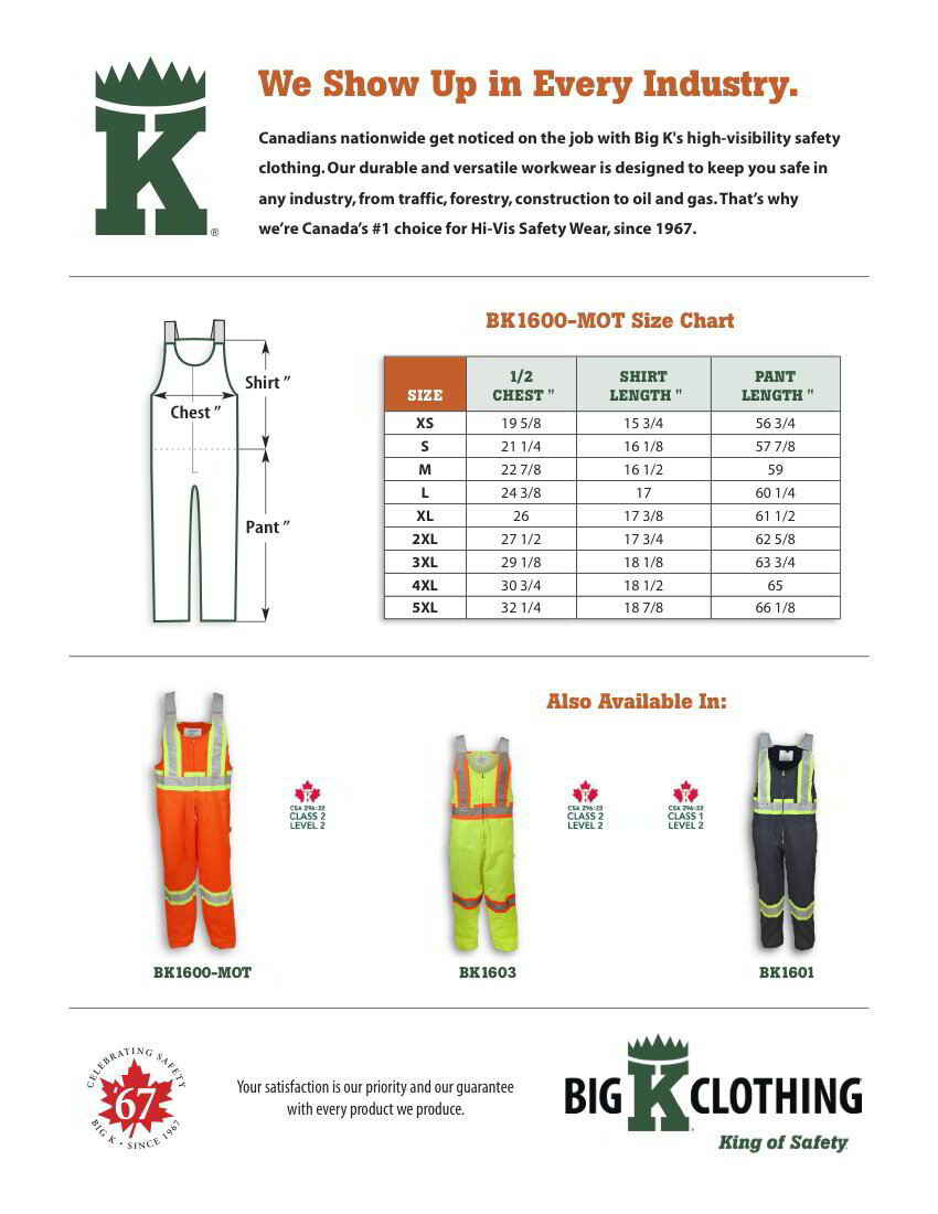 BK1600MOT Size Chart