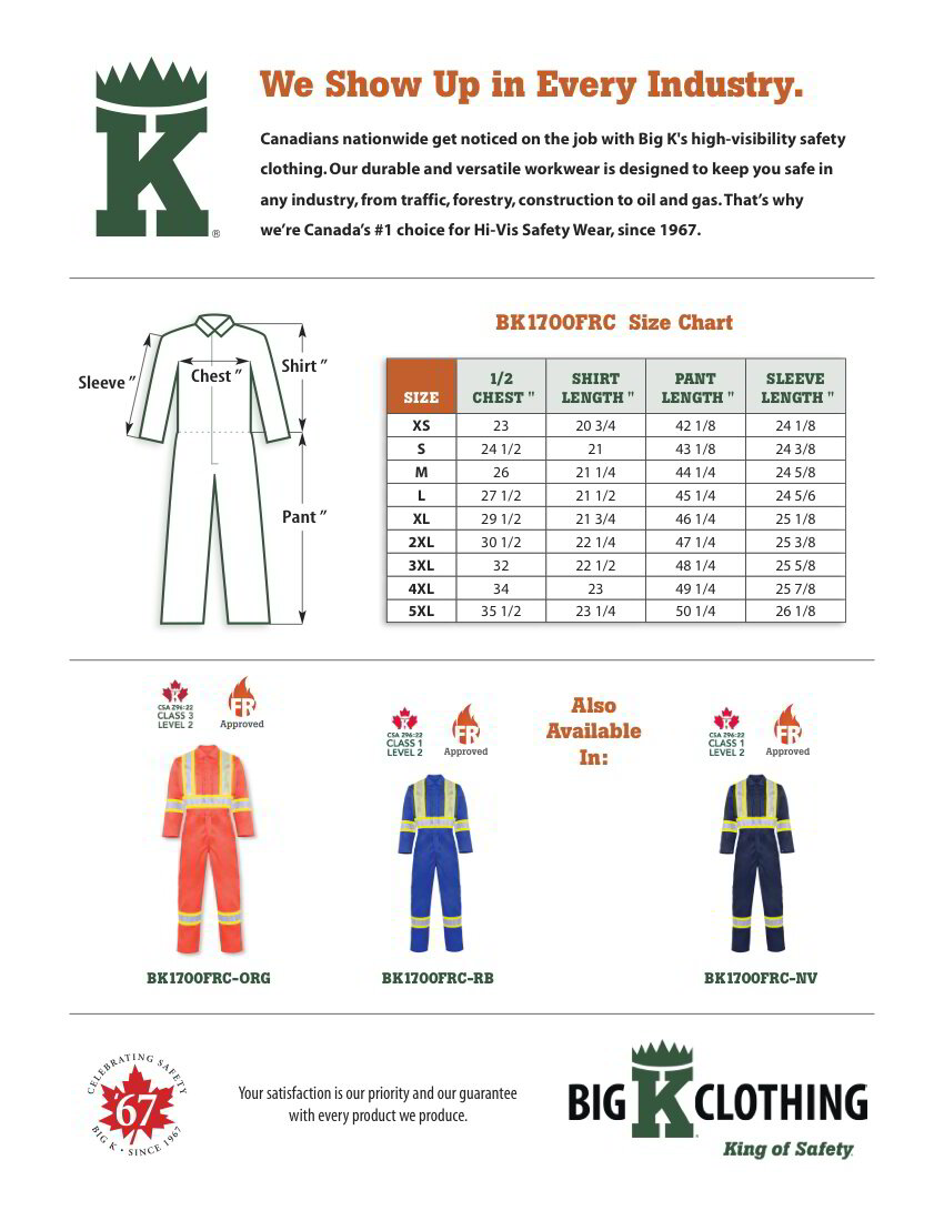 BK1700FRC-ORG Size Chart