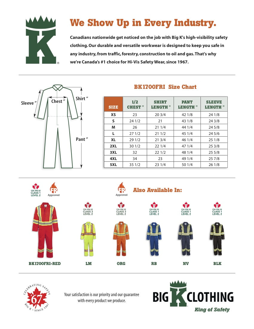 BK1700FRI-RED Size Chart