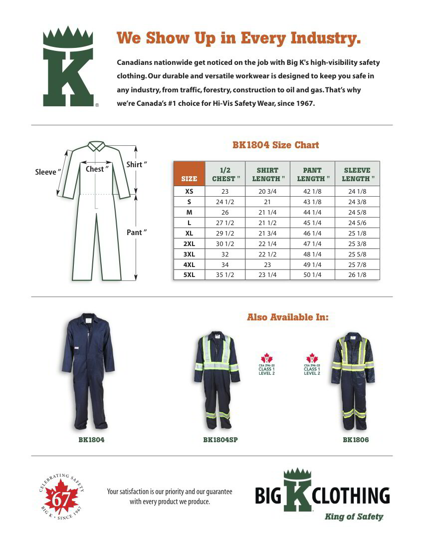 BK1804 Size Chart