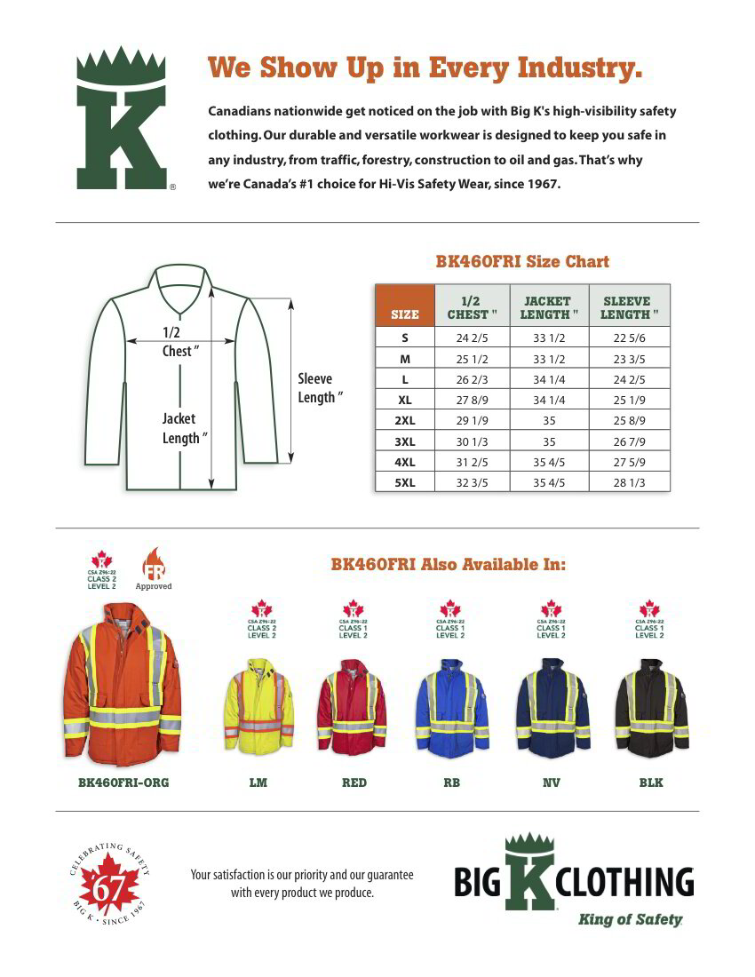 BK460FRI-ORG Size Chart
