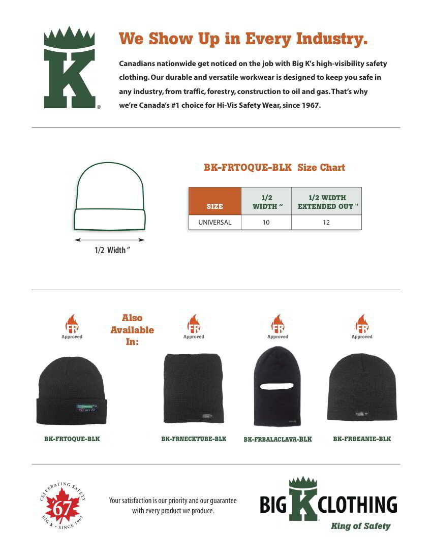 BKFRTOQUE-BLK Size Chart