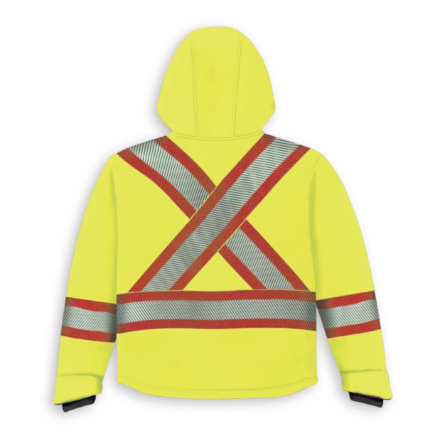 Big K soft shell hooded jacket size chart with lime, orange, and navy color options.
