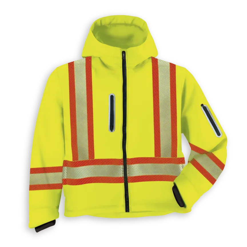 Back view of Big K lime soft shell hooded jacket with X-back segmented reflective tape and hood.