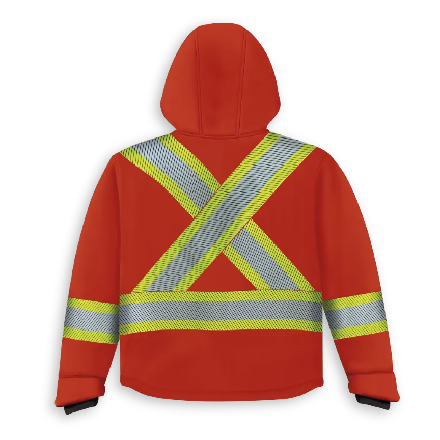 Back view of Big K orange soft shell hooded jacket with X-back segmented reflective tape and hood.