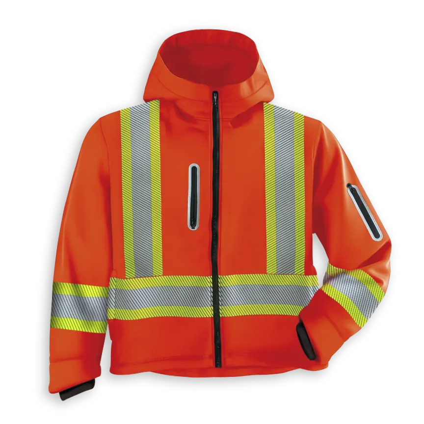 Big K orange soft shell hooded jacket with front zipper, chest pocket, arm pocket, and segmented reflective tape.