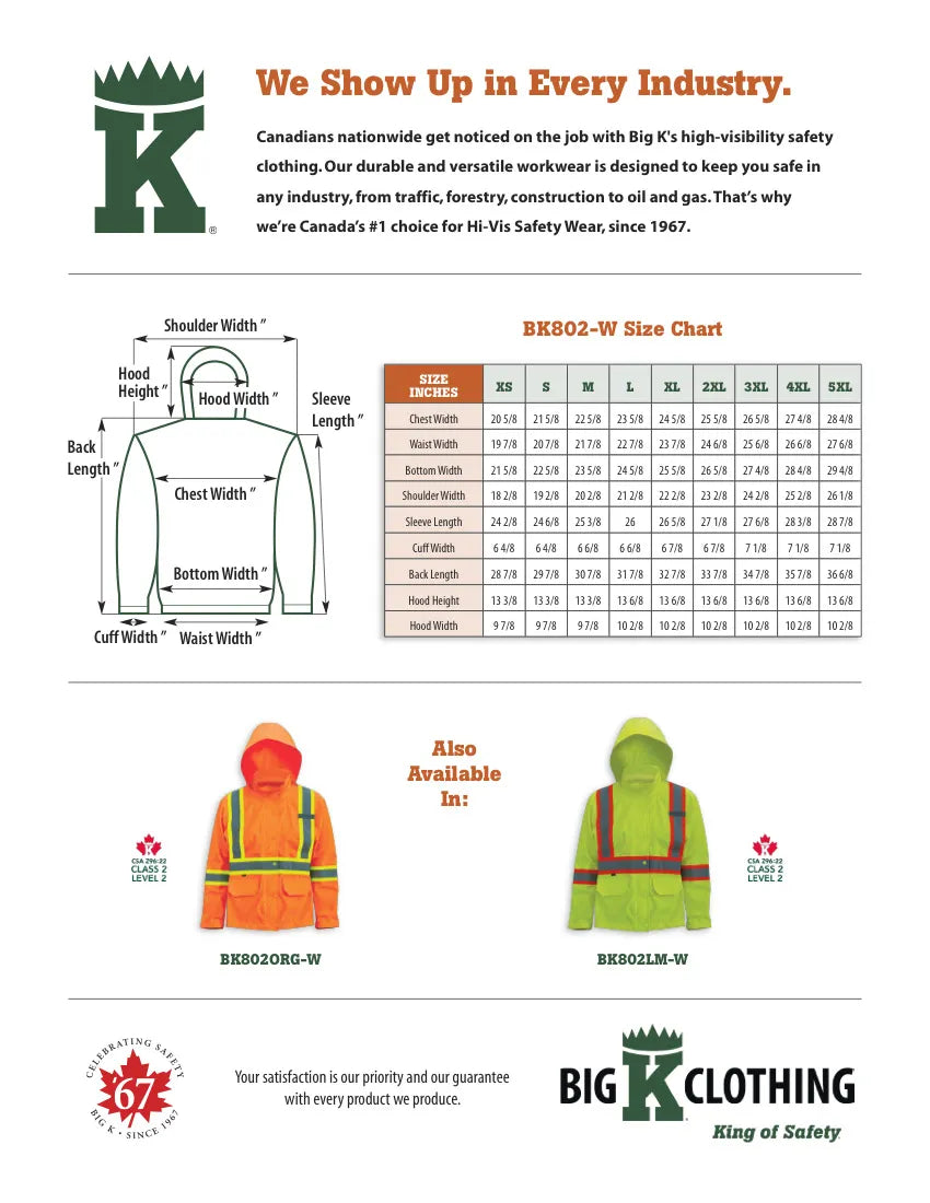 Big K women’s 300 denier polyester rain jacket size chart with orange and lime color options.