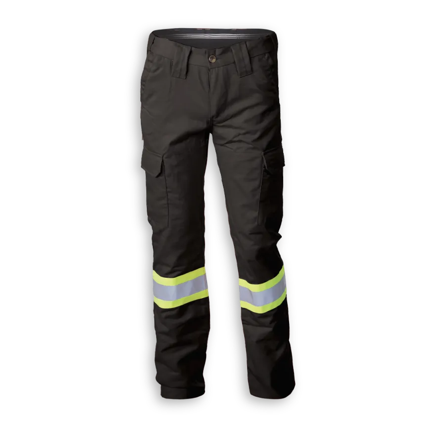 Big K women’s black polyester/cotton cargo pant with cargo pockets and reflective leg tape.