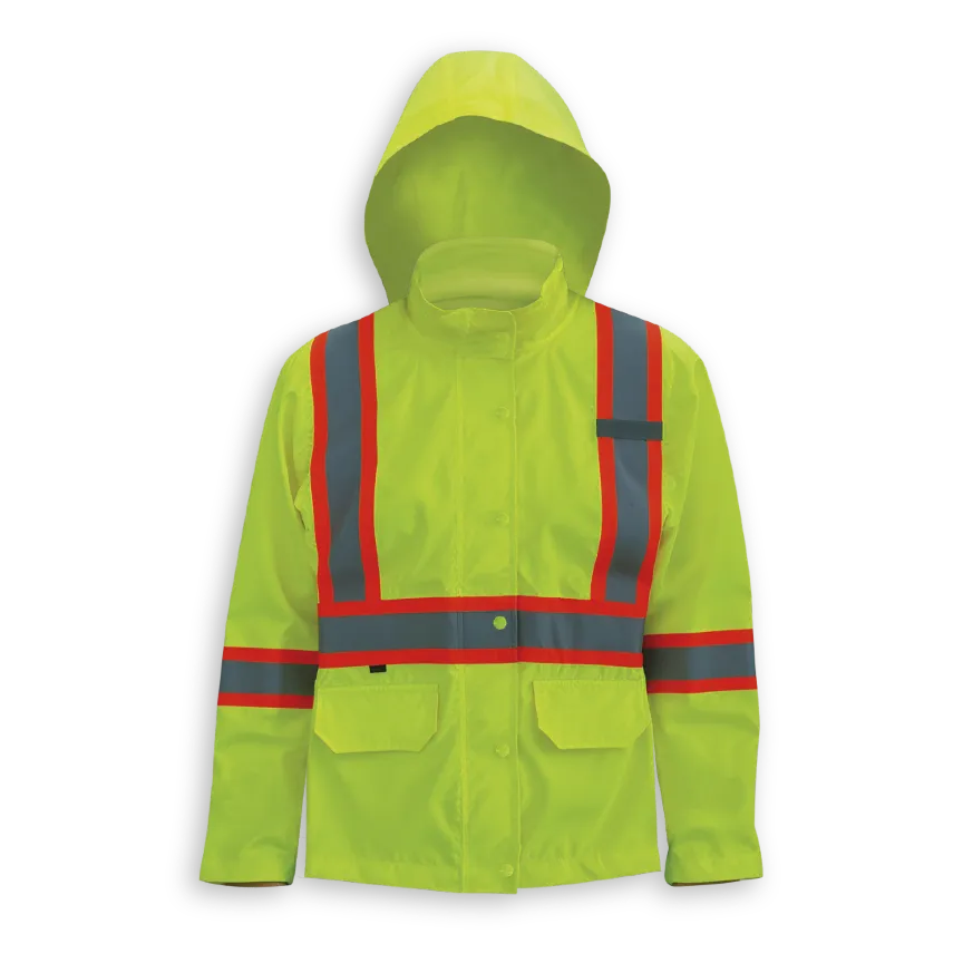 Big K women’s lime 300 denier polyester rain jacket with hood, storm flap, front pockets, and reflective tape.