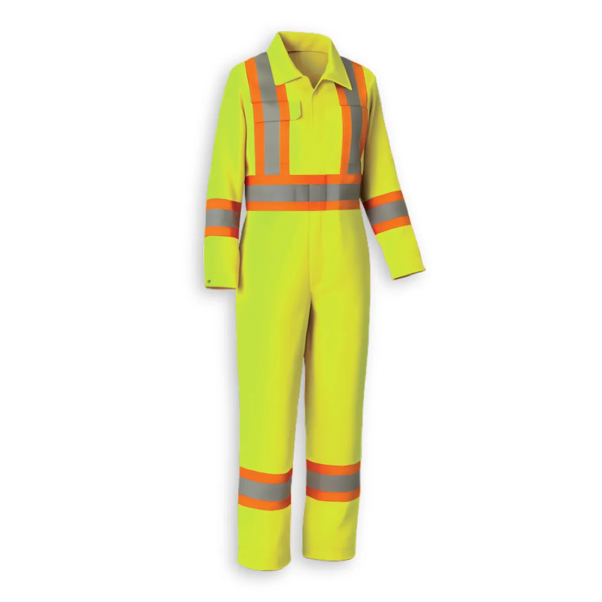 Big K women’s lime hi-vis safety coveralls with front zipper, chest pocket, and reflective tape.