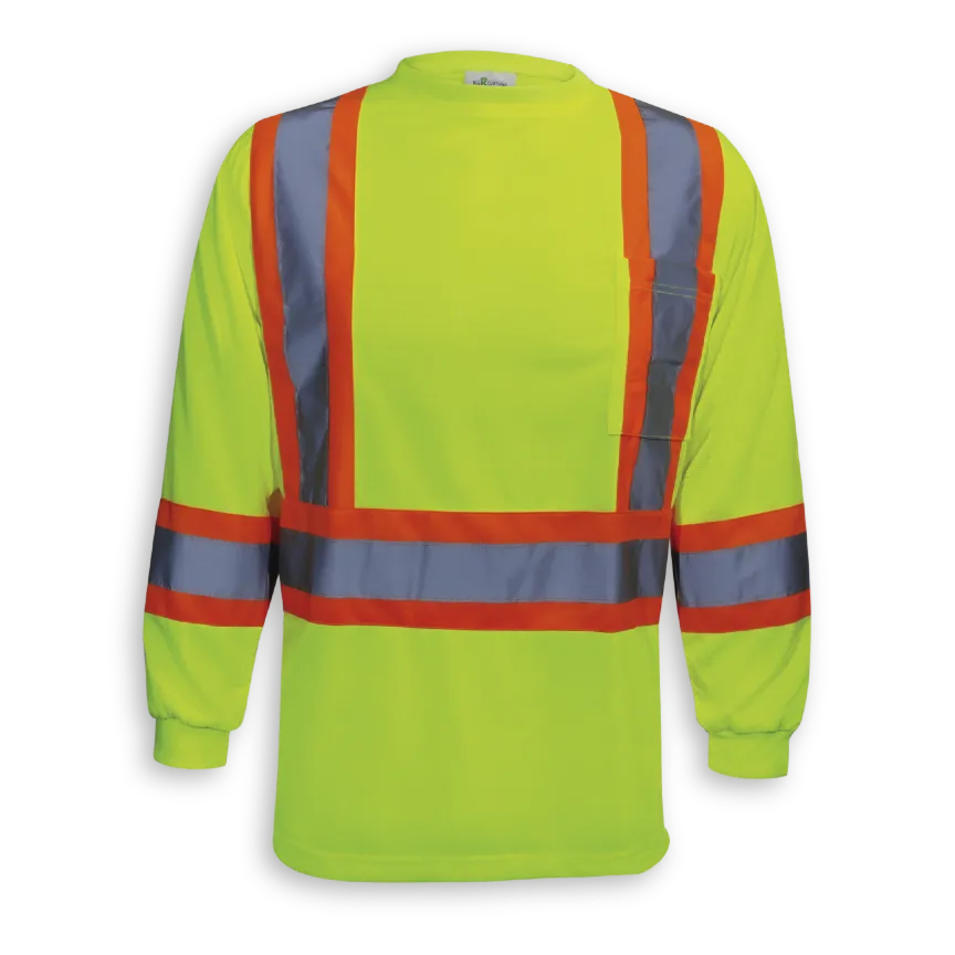 Big K women’s lime long sleeve hi-vis safety t-shirt with front reflective tape and chest pocket.