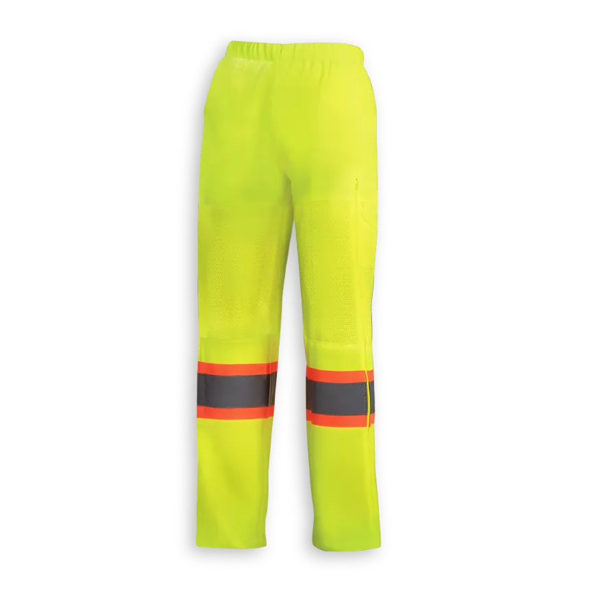 Back view of Big K women’s lime safety hi-vis tricot traffic pant with reflective leg tape.