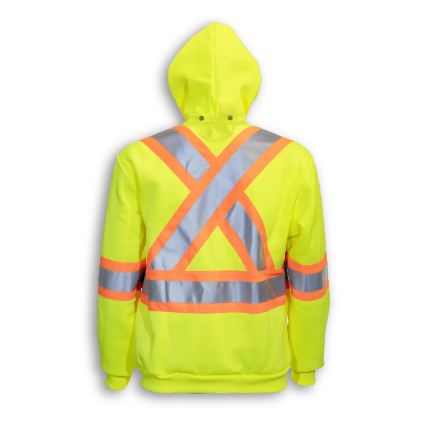 Back view of Big K women’s lime safety hoodie with X-back reflective tape and hood.