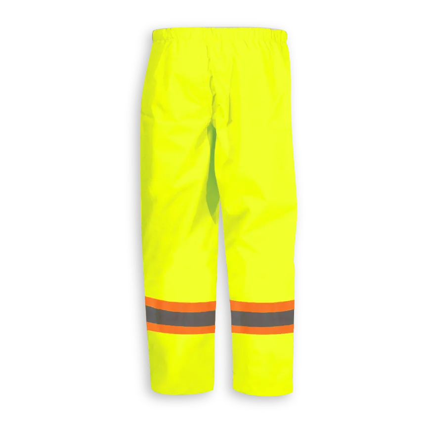 Back view of Big K women’s lime waterproof rain pant with reflective leg tape.