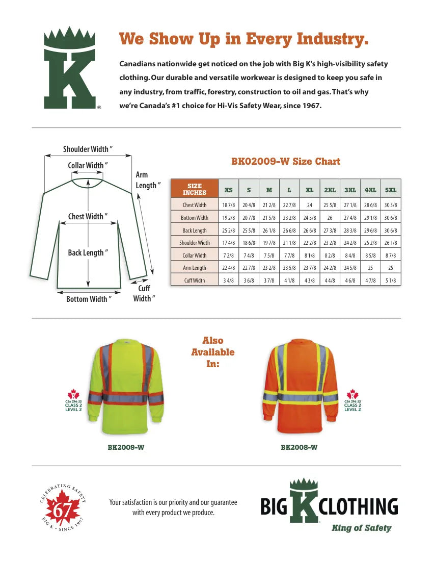 Big K women’s long sleeve hi-vis safety t-shirt size chart with lime and orange color options.