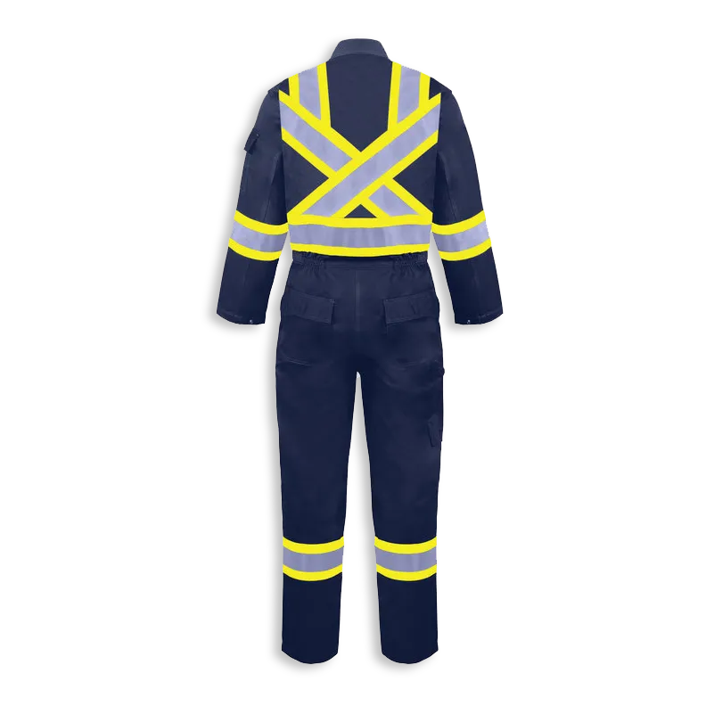 Back view of Big K women’s navy blue fire retardant coveralls with X-back reflective tape and rear pockets.