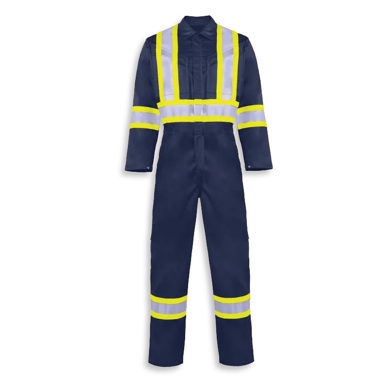 Big K women’s navy blue fire retardant coveralls with front button closure, reflective tape, and utility pockets.