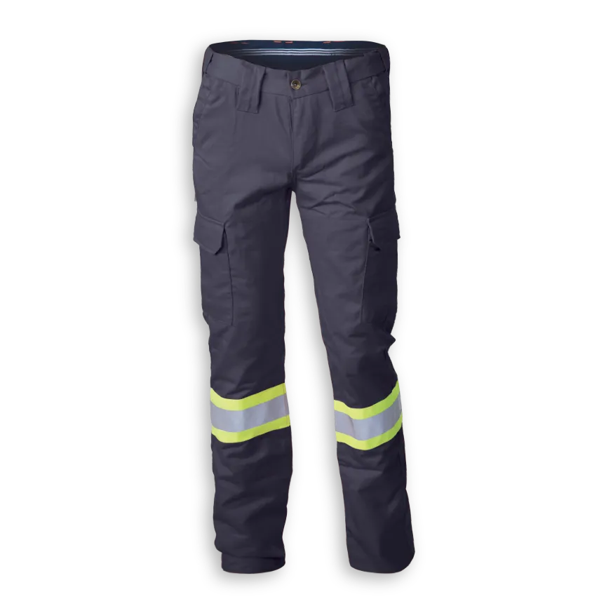 Big K women’s navy polyester/cotton cargo pant with cargo pockets and reflective leg tape.