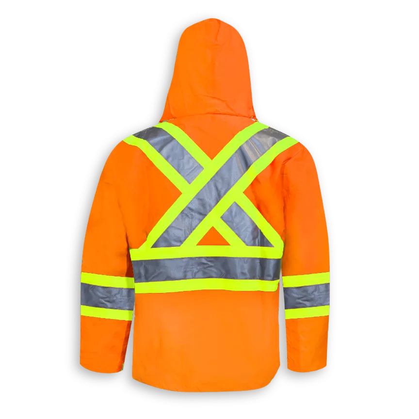 Back view of Big K women’s orange 300 denier polyester rain jacket with X-back reflective tape and hood.