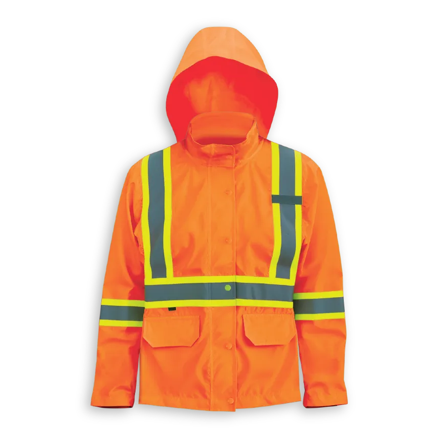 Big K women’s orange 300 denier polyester rain jacket with hood, storm flap, front pockets, and reflective tape.