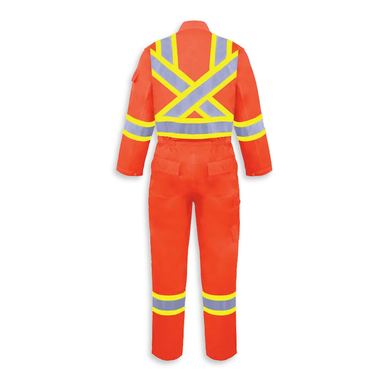 Back view of Big K women’s orange fire retardant coveralls with X-back reflective tape and rear pockets.