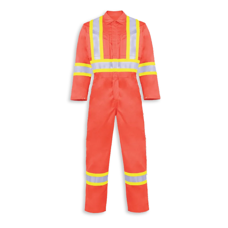Big K women’s orange fire retardant coveralls with front button closure, reflective tape, and utility pockets.