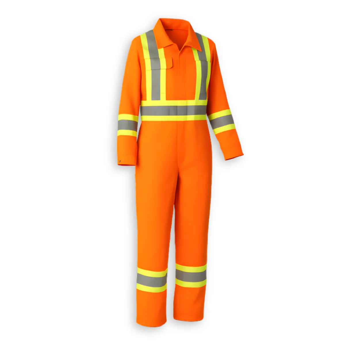 Big K women’s orange hi-vis safety coveralls with front zipper, chest pocket, and reflective tape.