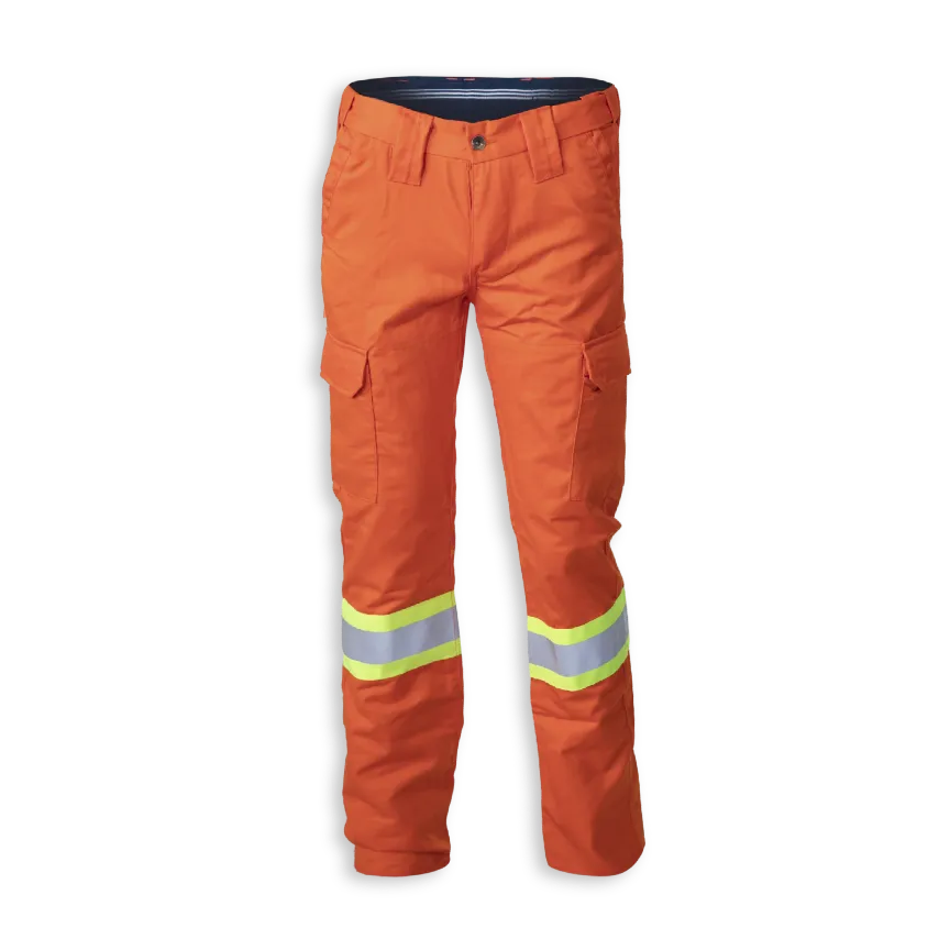 Big K women’s orange polyester/cotton cargo pant with cargo pockets and reflective leg tape.