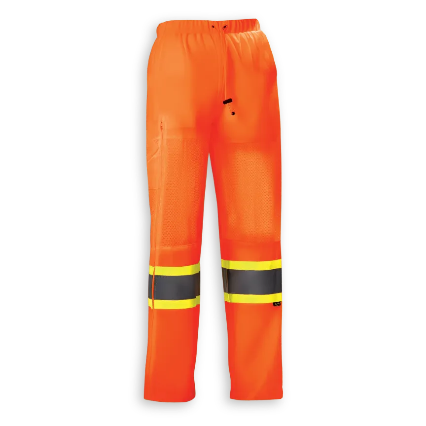 Big K women’s orange safety hi-vis tricot traffic pant with elastic waist, knee vents, and reflective leg tape.