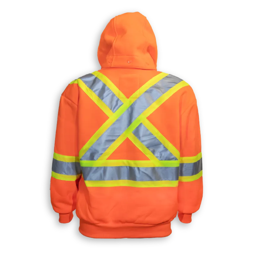 Back view of Big K women’s orange safety hoodie with X-back reflective tape and hood.