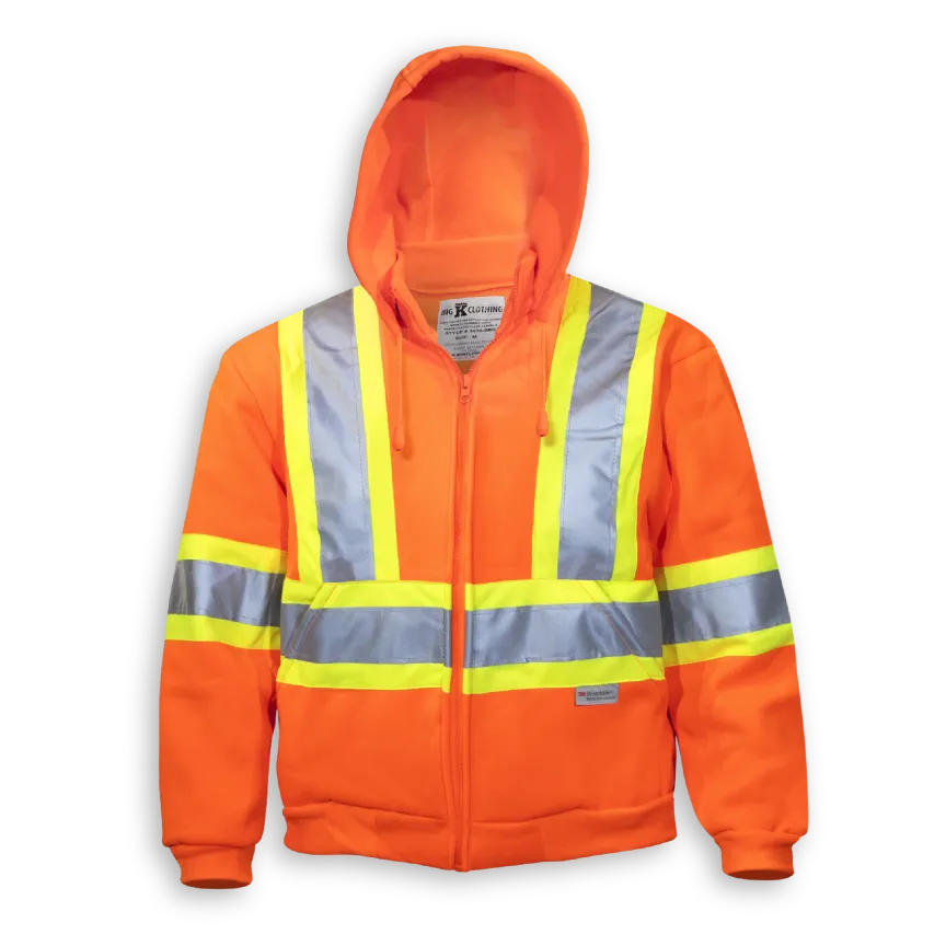 Big K women’s orange safety hoodie with full-zip front, hood, hand pockets, and reflective tape.