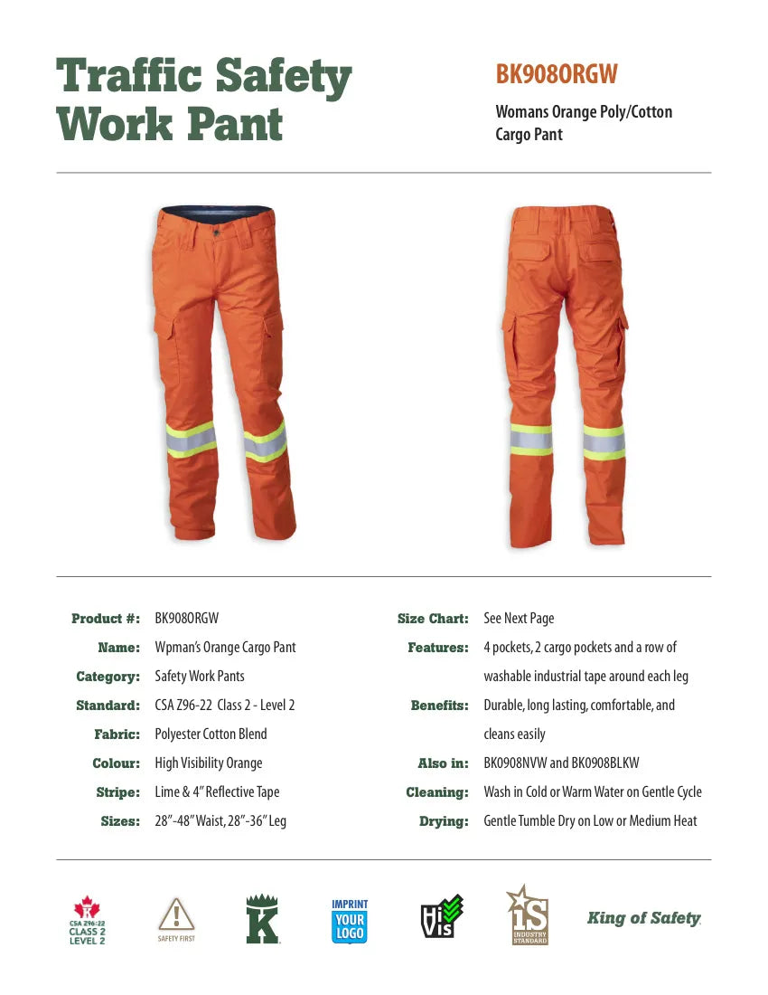 Big K women’s polyester/cotton cargo pant size range with black, navy, and orange color options.