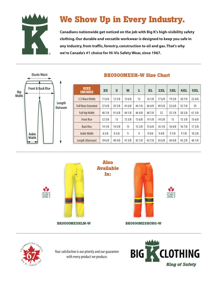 Big K women’s safety hi-vis tricot traffic pant size chart with lime and orange color options.